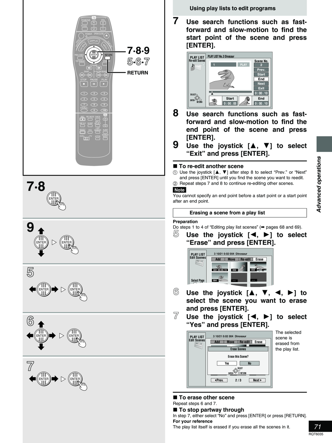 Panasonic DMR-E20 7·8·9, 5·6·7, Use the joystick 3, 4 to select “Exit” and press ENTER, Using play lists to edit programs 