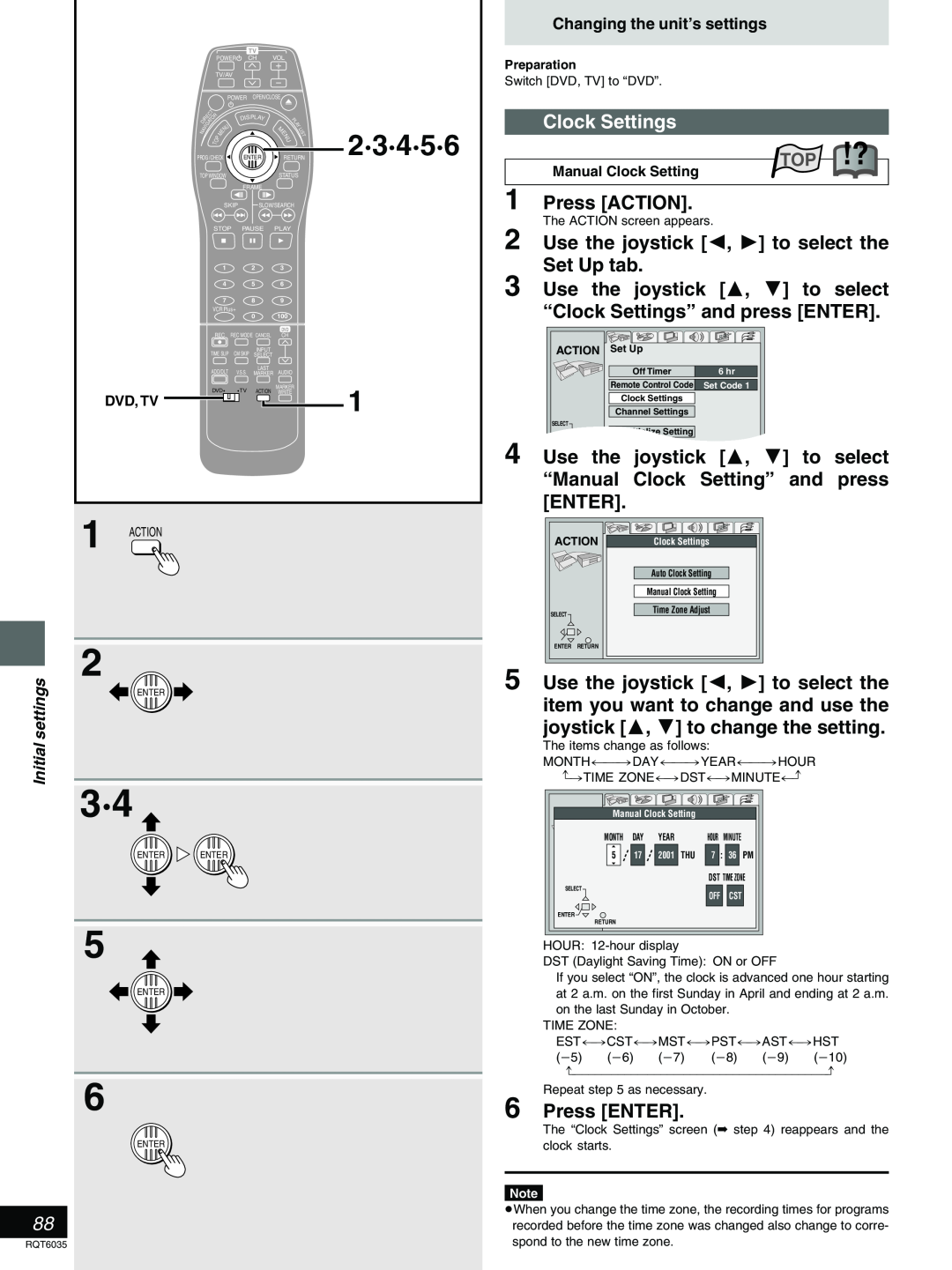 Panasonic DMR-E20 2·3·4·5·6, Set Up tab, Use the joystick 3, 4 to select “Clock Settings” and press ENTER, Enter, Top !? 