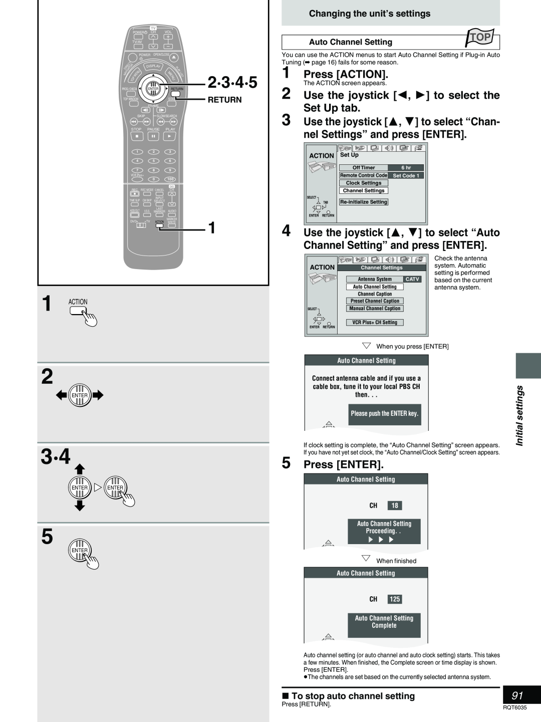 Panasonic DMR-E20 2·3·4·5, Set Up tab, Use the joystick 3, 4 to select “Auto, Channel Setting” and press ENTER, Return 