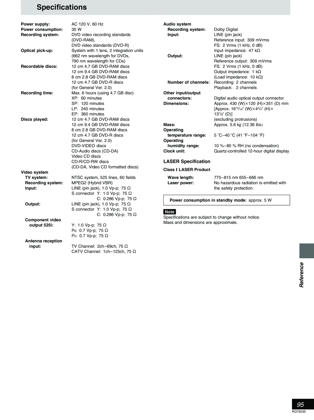 Panasonic DMR-E20 warranty Specifications, Reference, LASER Specification 
