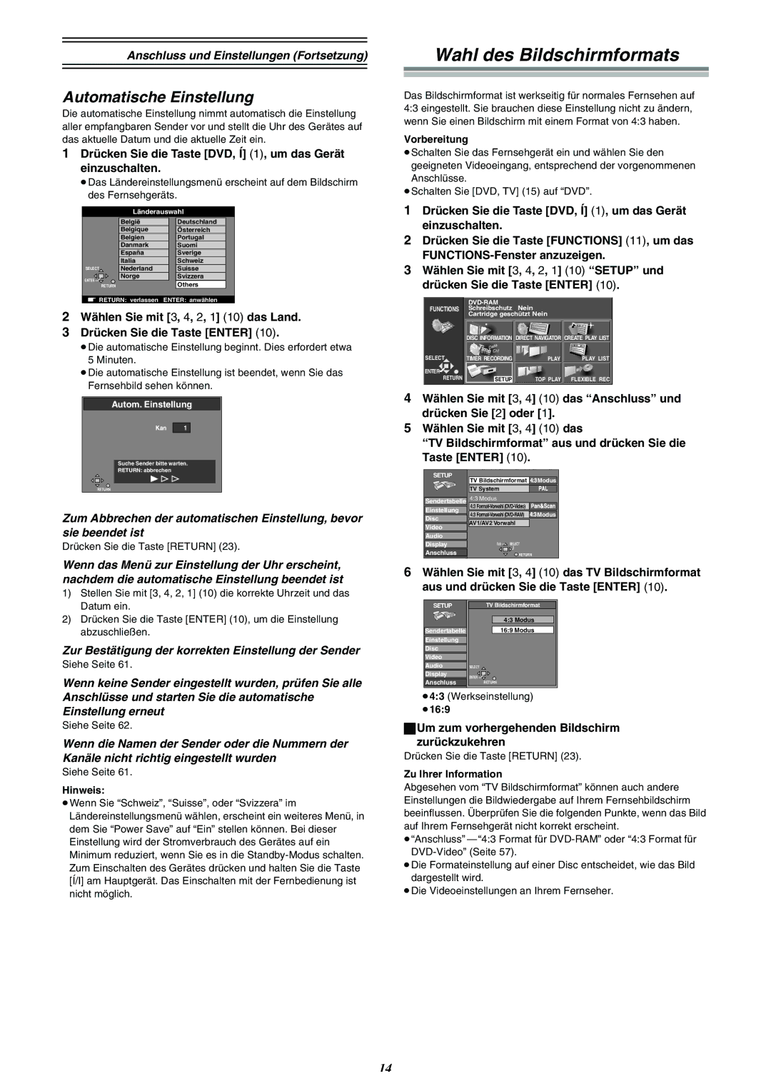 Panasonic DMR-E30 Wahl des Bildschirmformats, Automatische Einstellung, ªUm zum vorhergehenden Bildschirm zurückzukehren 