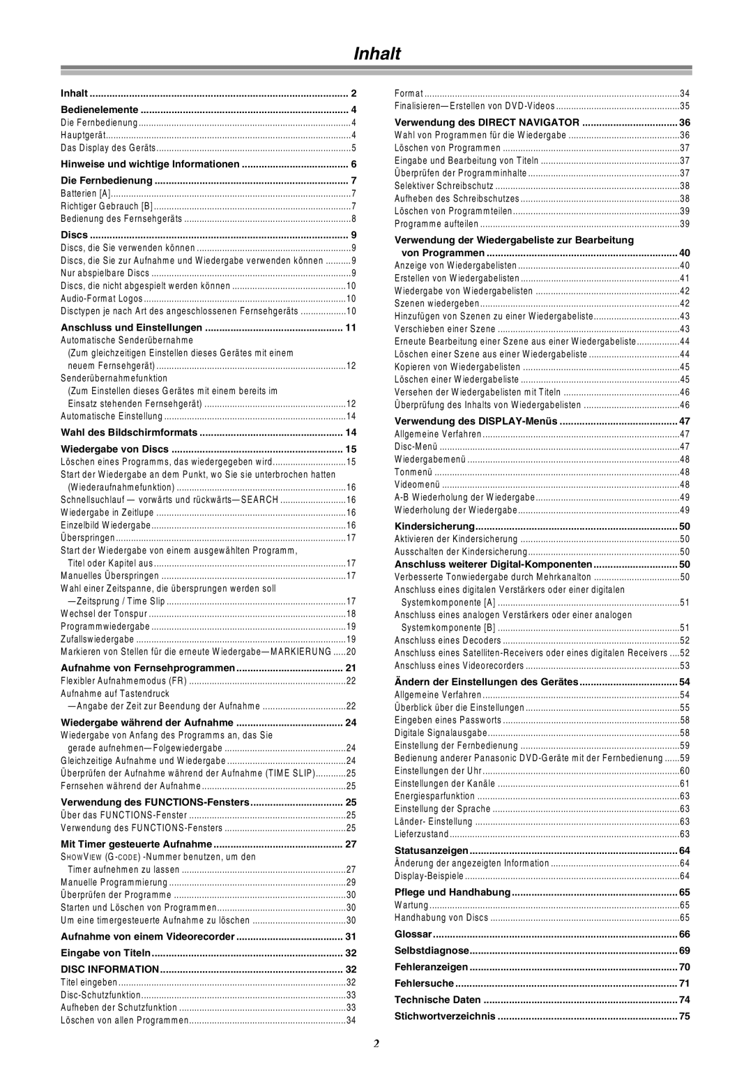 Panasonic DMR-E30 manual Inhalt 