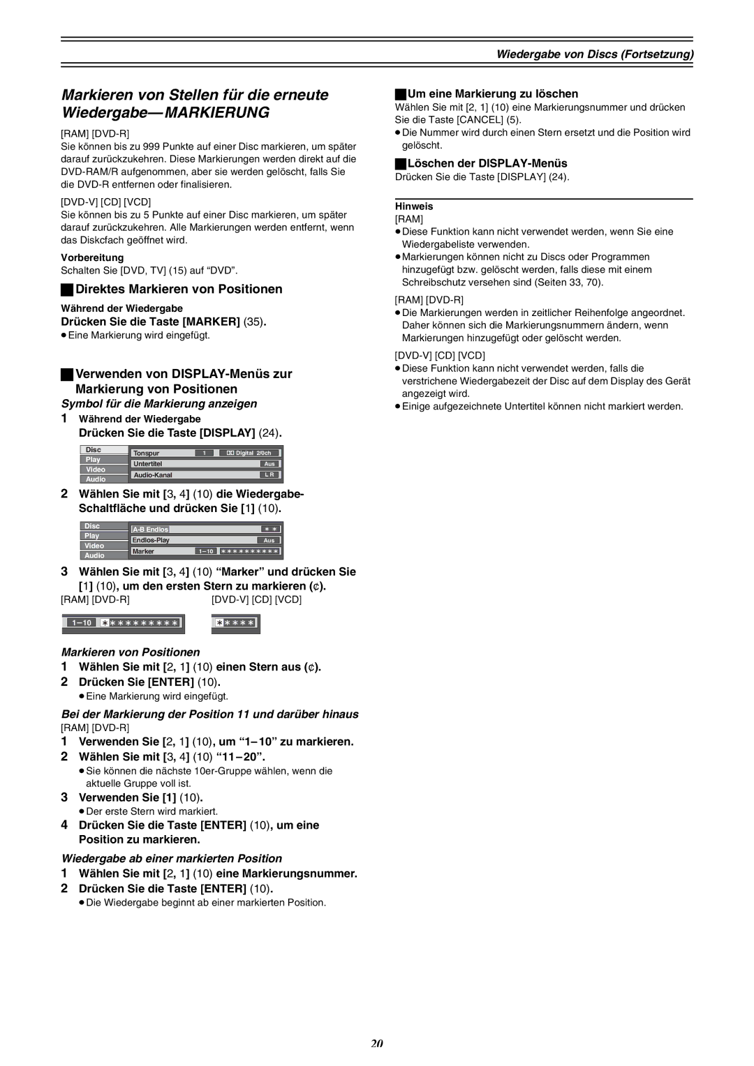 Panasonic DMR-E30 manual ªDirektes Markieren von Positionen, ªVerwenden von DISPLAY-Menüs zur Markierung von Positionen 