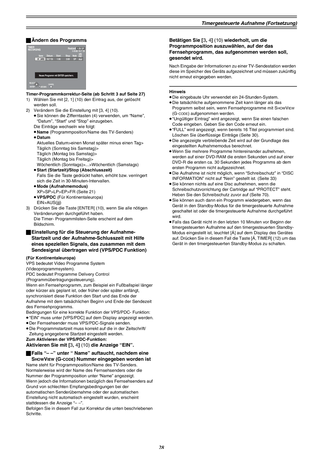 Panasonic DMR-E30 manual Timergesteuerte Aufnahme Fortsetzung ªÄndern des Programms 