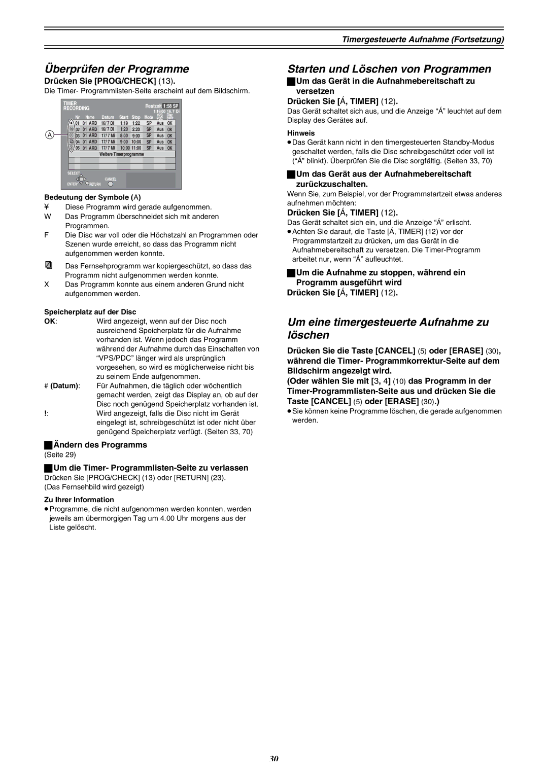 Panasonic DMR-E30 manual Überprüfen der Programme, Starten und Löschen von Programmen 