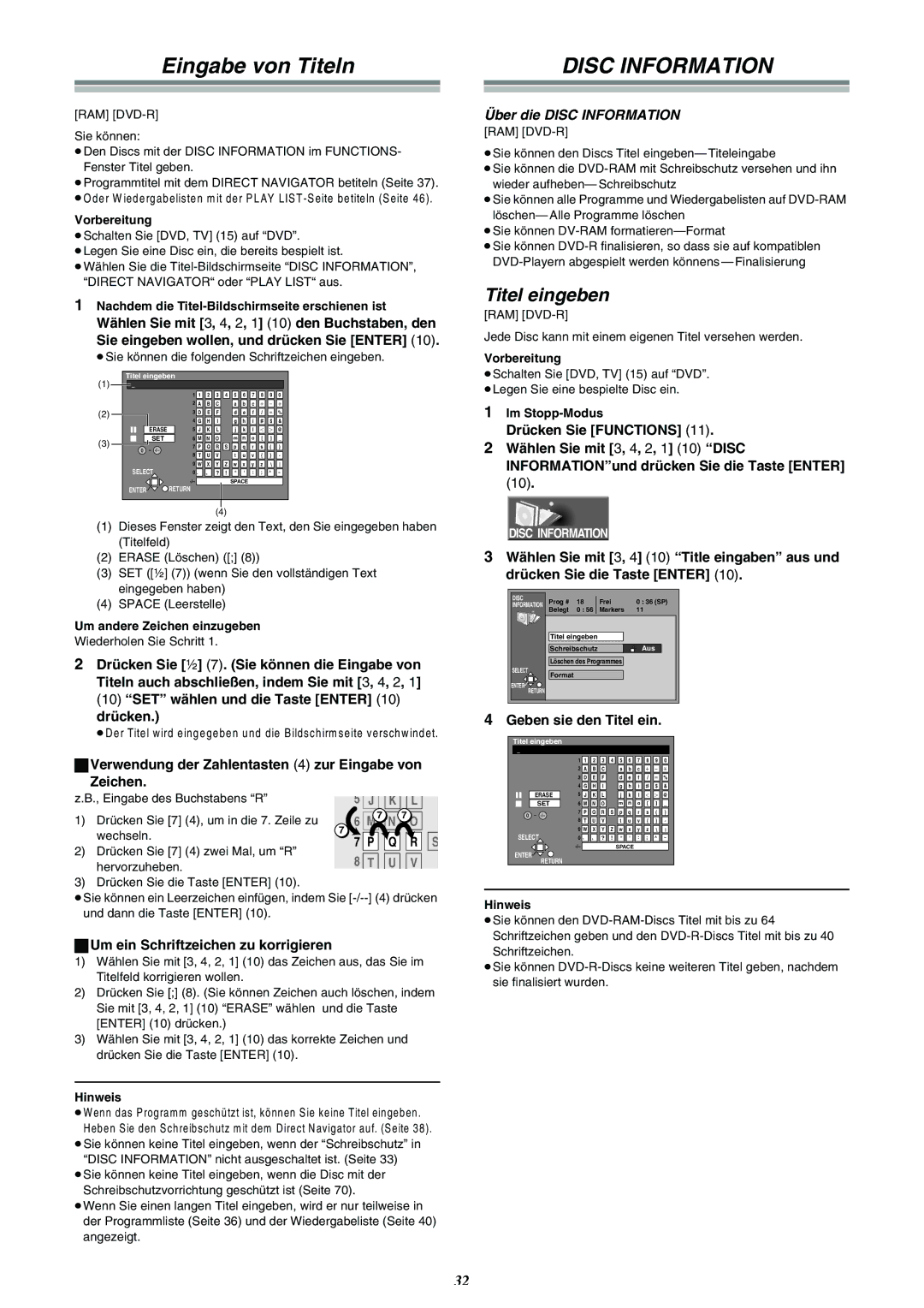 Panasonic DMR-E30 Eingabe von Titeln, Titel eingeben, ªUm ein Schriftzeichen zu korrigieren, Um andere Zeichen einzugeben 