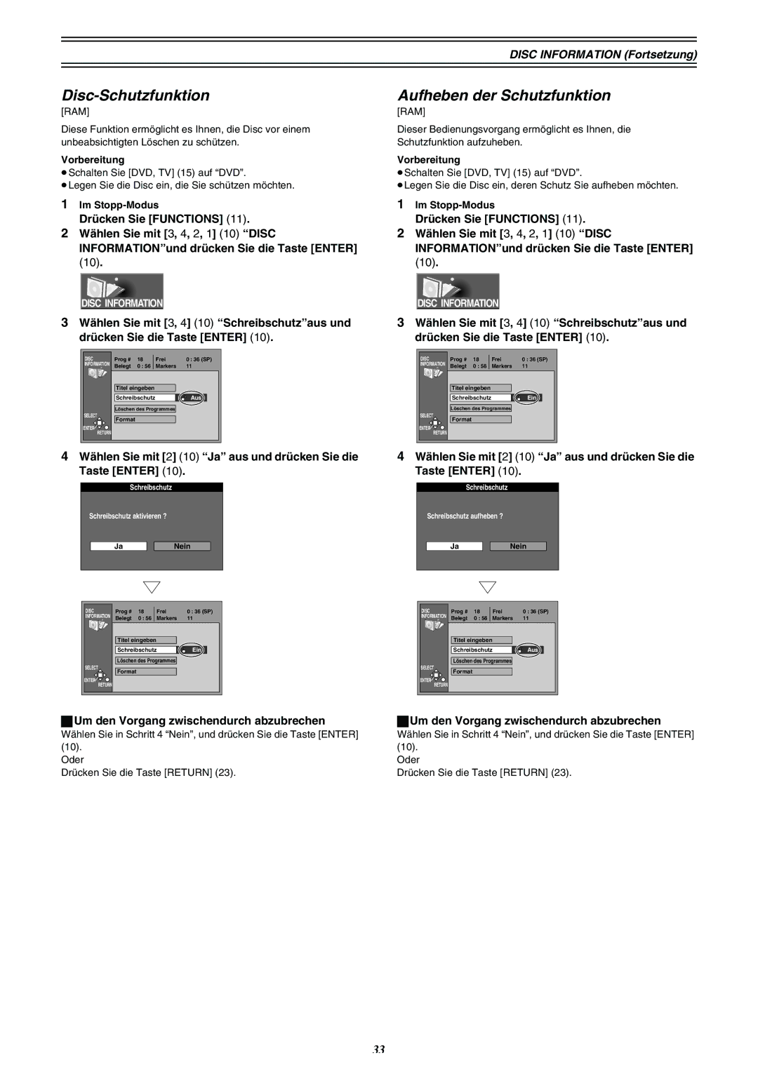 Panasonic DMR-E30 manual Disc-Schutzfunktion, Aufheben der Schutzfunktion, Disc Information Fortsetzung 