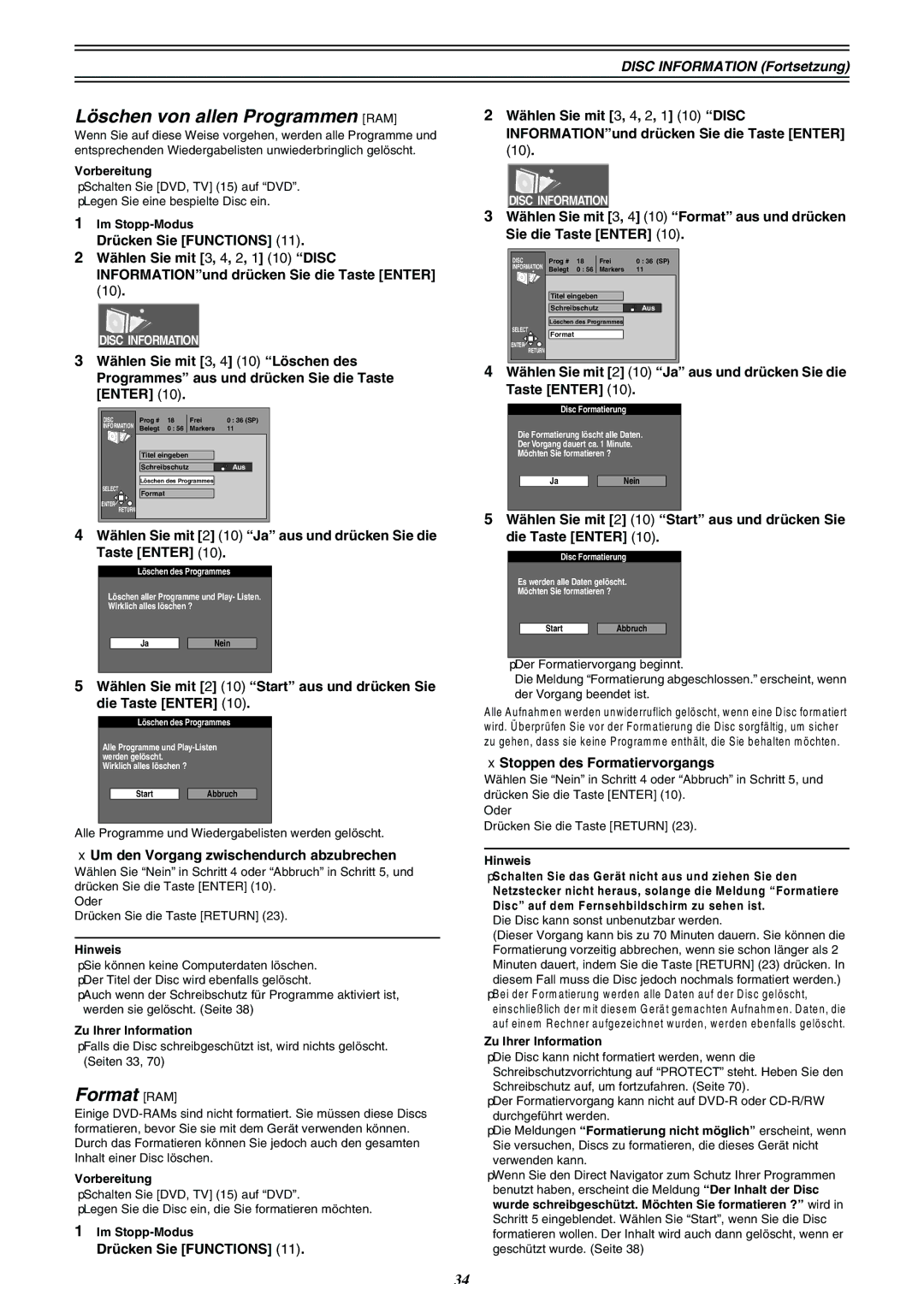 Panasonic DMR-E30 Löschen von allen Programmen RAM, Format RAM, WählenSiemit3, 4 10Formatausunddrücken Sie die Taste Enter 