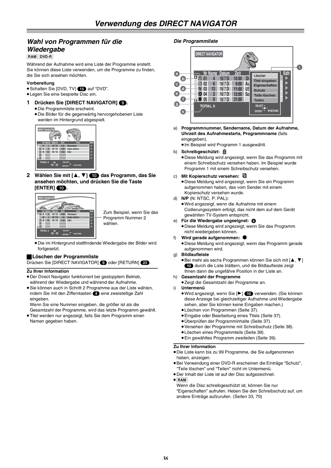 Panasonic DMR-E30 manual Verwendung des Direct Navigator, Wahl von Programmen für die Wiedergabe, Dinosaur, 900 