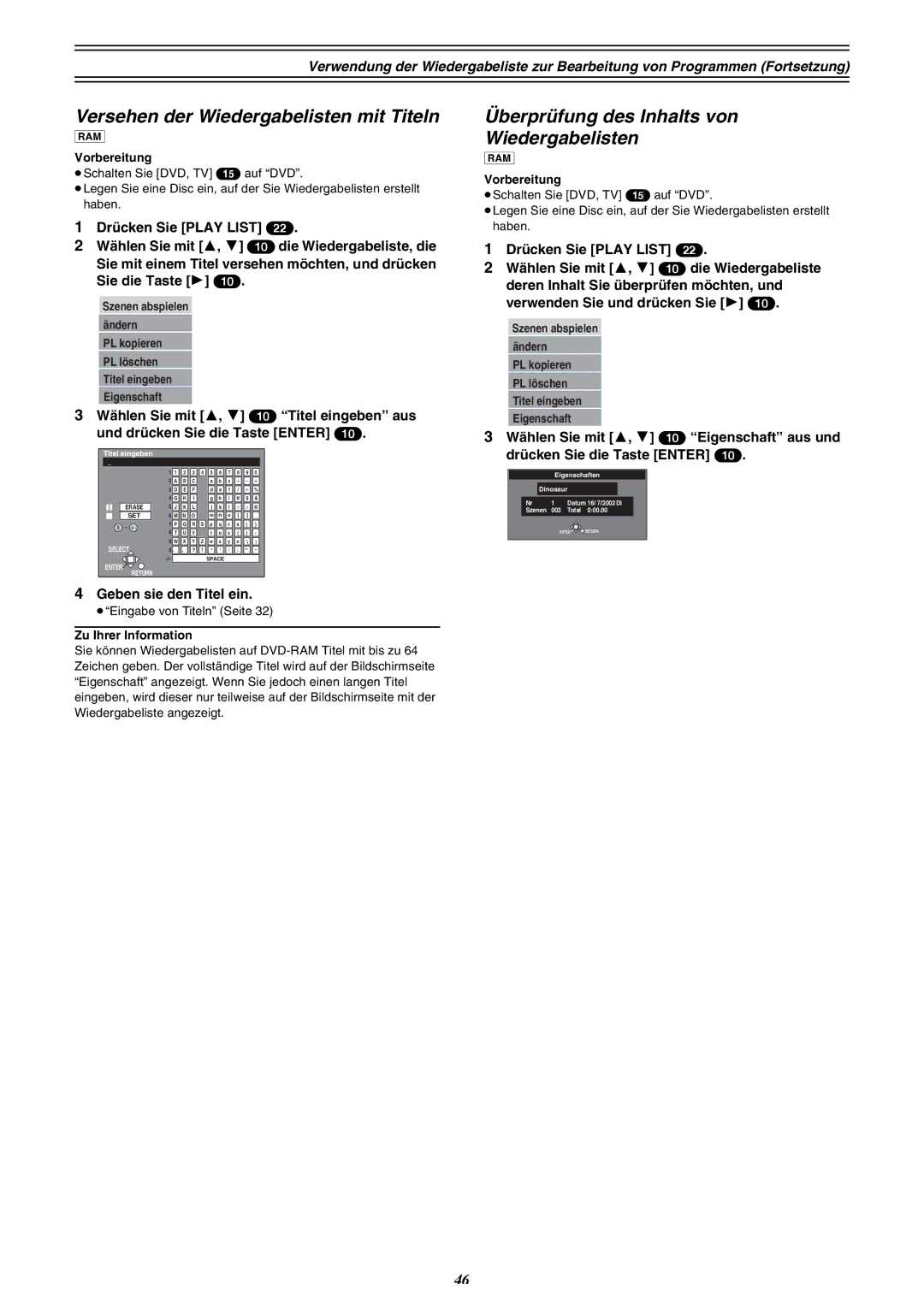 Panasonic DMR-E30 manual Versehen der Wiedergabelisten mit Titeln, Überprüfung des Inhalts von Wiedergabelisten 