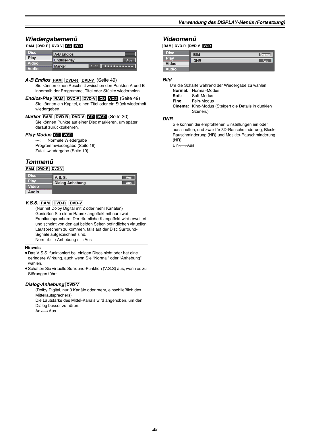 Panasonic DMR-E30 manual Wiedergabemenü, Tonmenü, Videomenü 