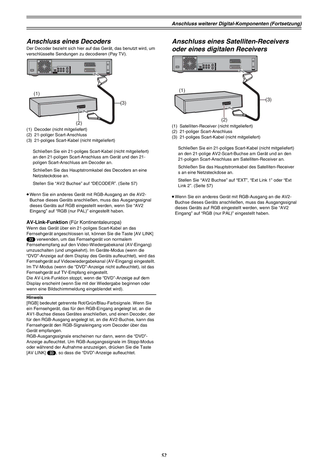 Panasonic DMR-E30 manual Anschluss eines Decoders, Anschluss weiterer Digital-Komponenten Fortsetzung 