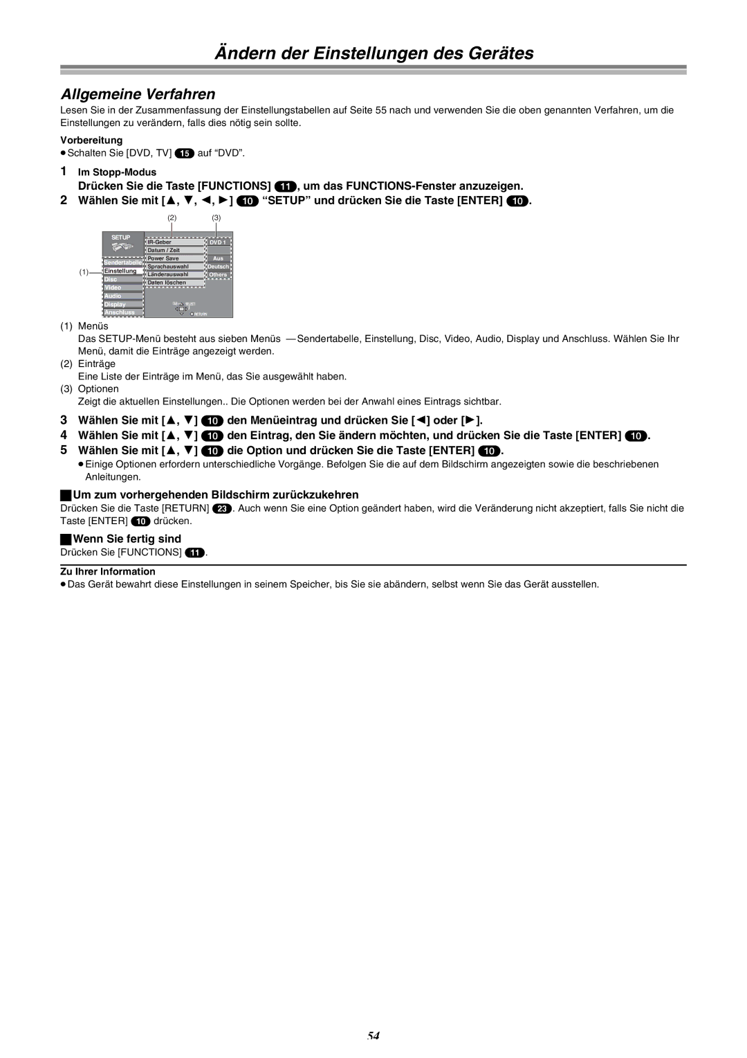 Panasonic DMR-E30 manual Ändern der Einstellungen des Gerätes, Drücken Sie Functions 