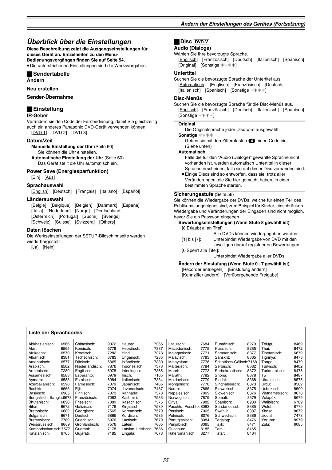 Panasonic DMR-E30 manual Überblick über die Einstellungen, ªSendertabelle, ªEinstellung 