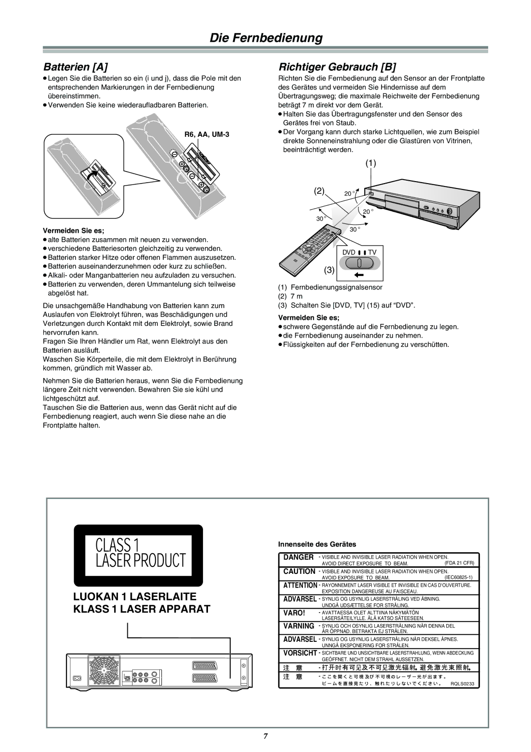 Panasonic DMR-E30 manual Batterien a Richtiger Gebrauch B, R6, AA, UM-3, Vermeiden Sie es, Varo, Varning 