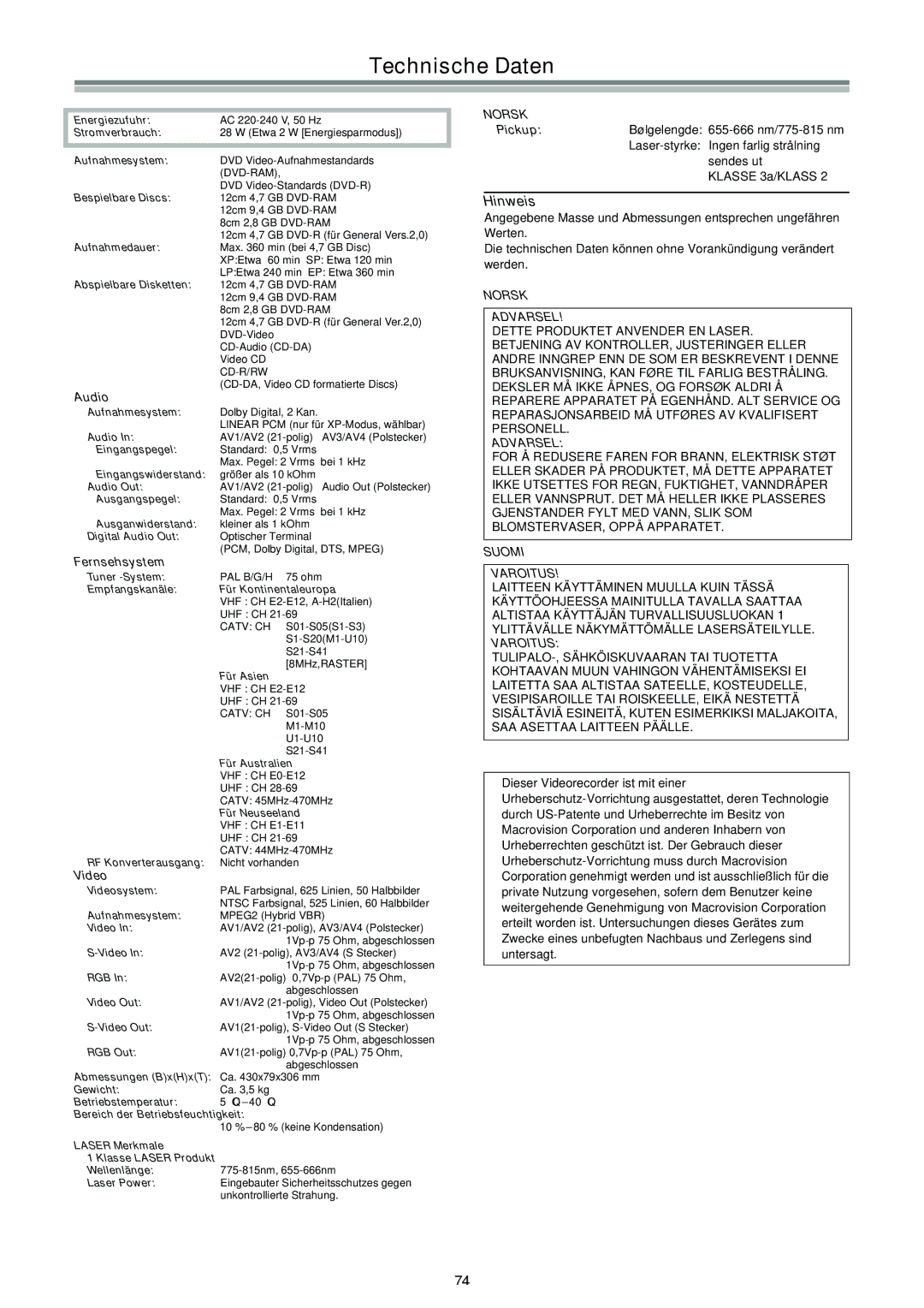 Panasonic DMR-E30 manual Technische Daten, Hinweis, Norsk, Suomi Varoitus 