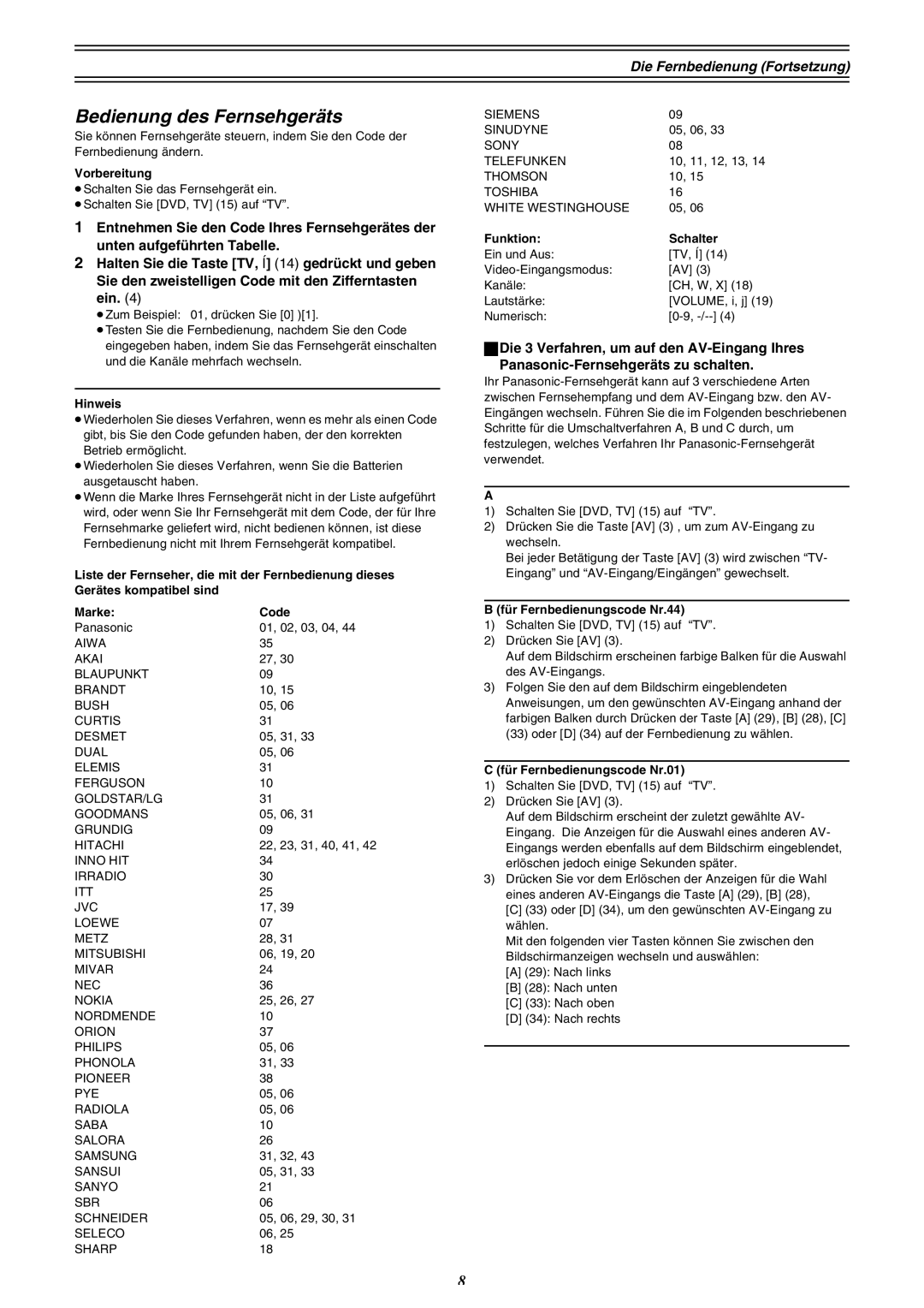 Panasonic DMR-E30 manual Bedienung des Fernsehgeräts, Die Fernbedienung Fortsetzung 