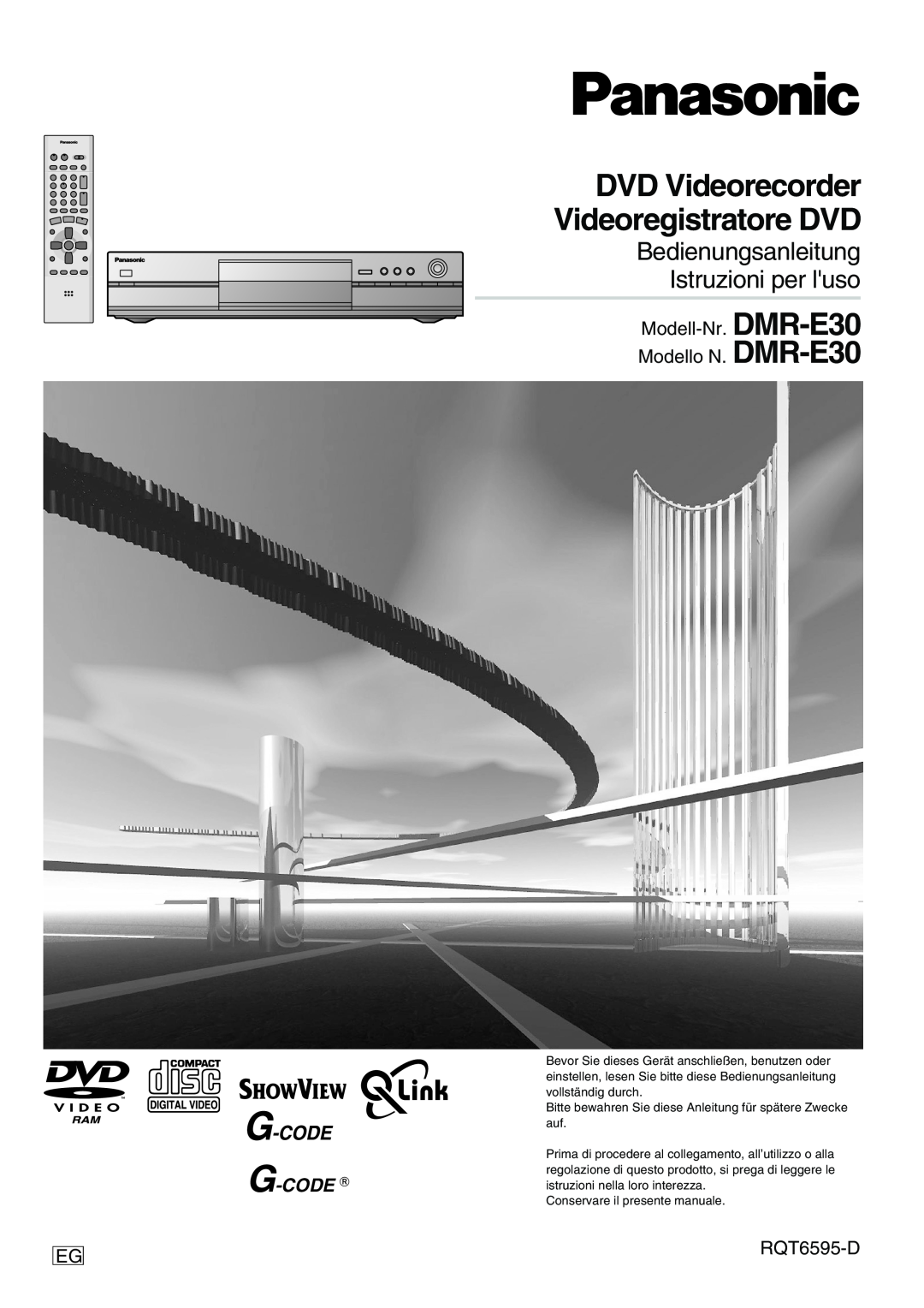 Panasonic manual Modell-Nr Modello N, G-CODE g, RQT6595-D, DMR-E30 DMR-E30, DVD Videorecorder Videoregistratore DVD 