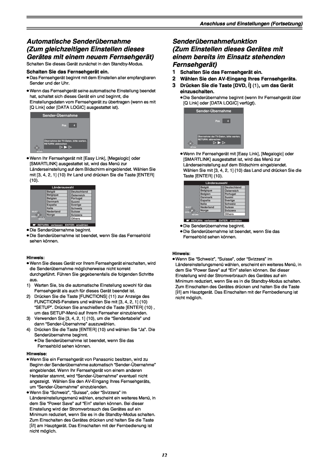 Panasonic DMR-E30 manual Senderübernahmefunktion 