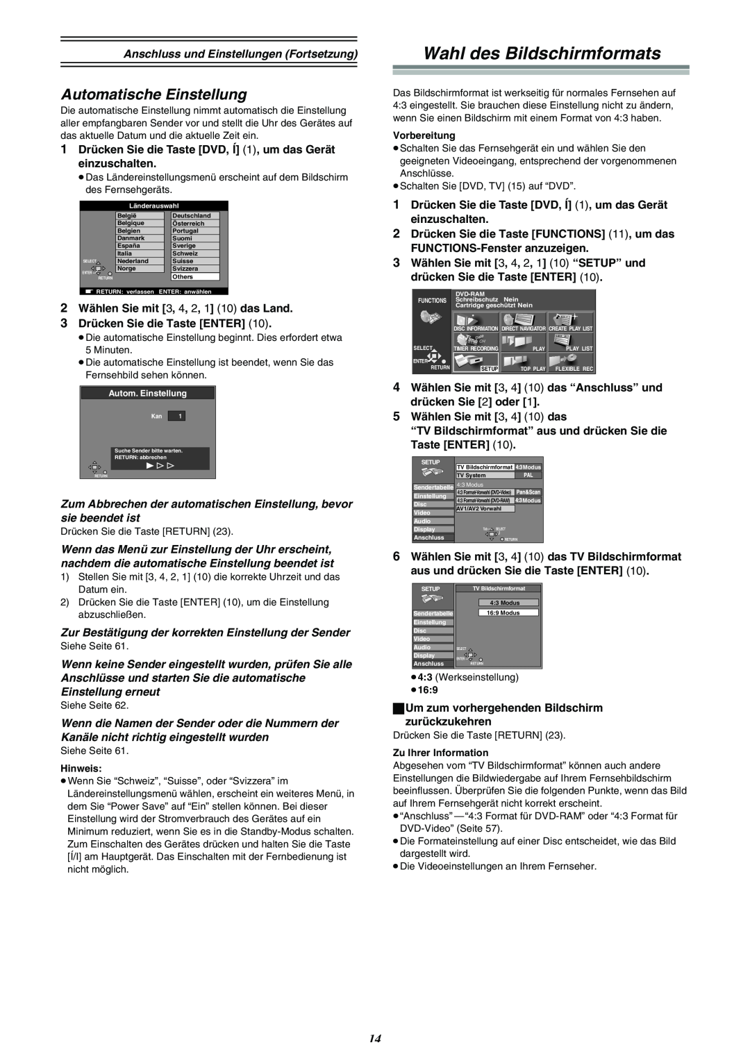 Panasonic DMR-E30 manual Wahl des Bildschirmformats, Automatische Einstellung 