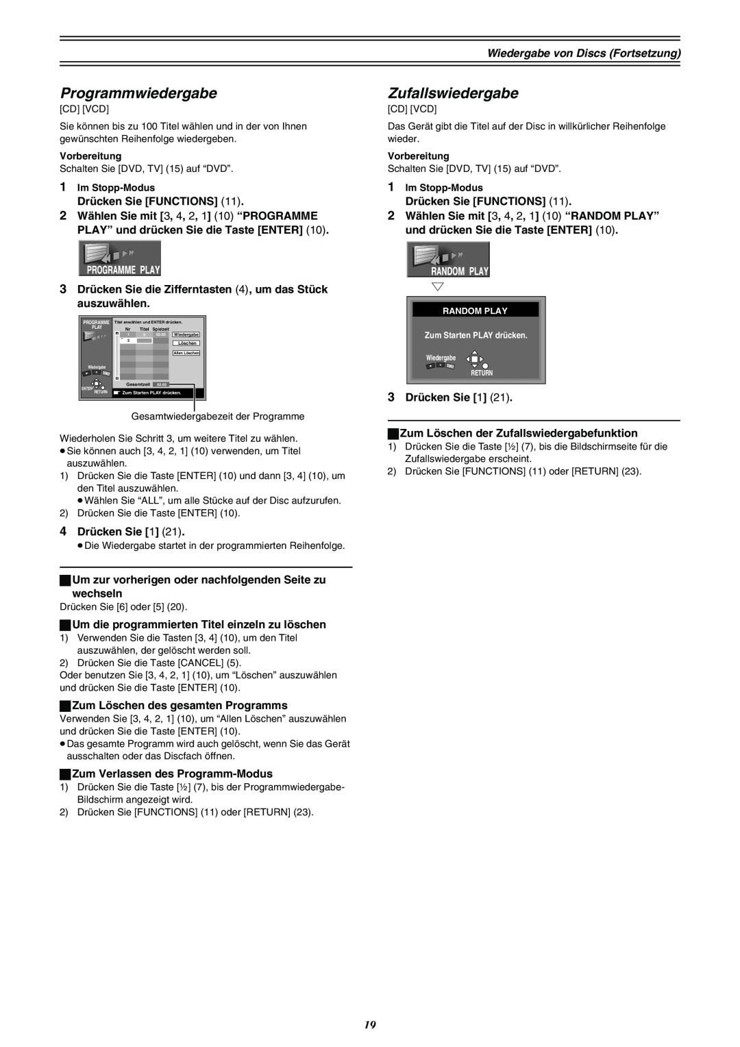 Panasonic DMR-E30 manual Programmwiedergabe, Zufallswiedergabe, RANDOM PLAY Zum Starten PLAY drücken 