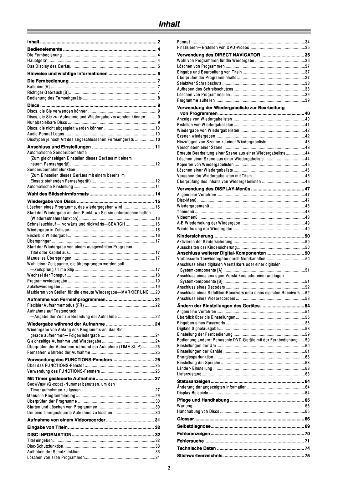 Panasonic DMR-E30 manual Inhalt, Disc Information, Verwendung der Wiedergabeliste zur Bearbeitung 