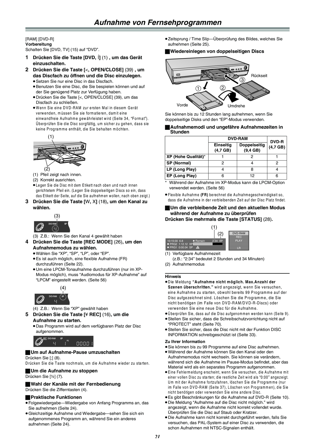 Panasonic DMR-E30 manual Aufnahme von Fernsehprogrammen 