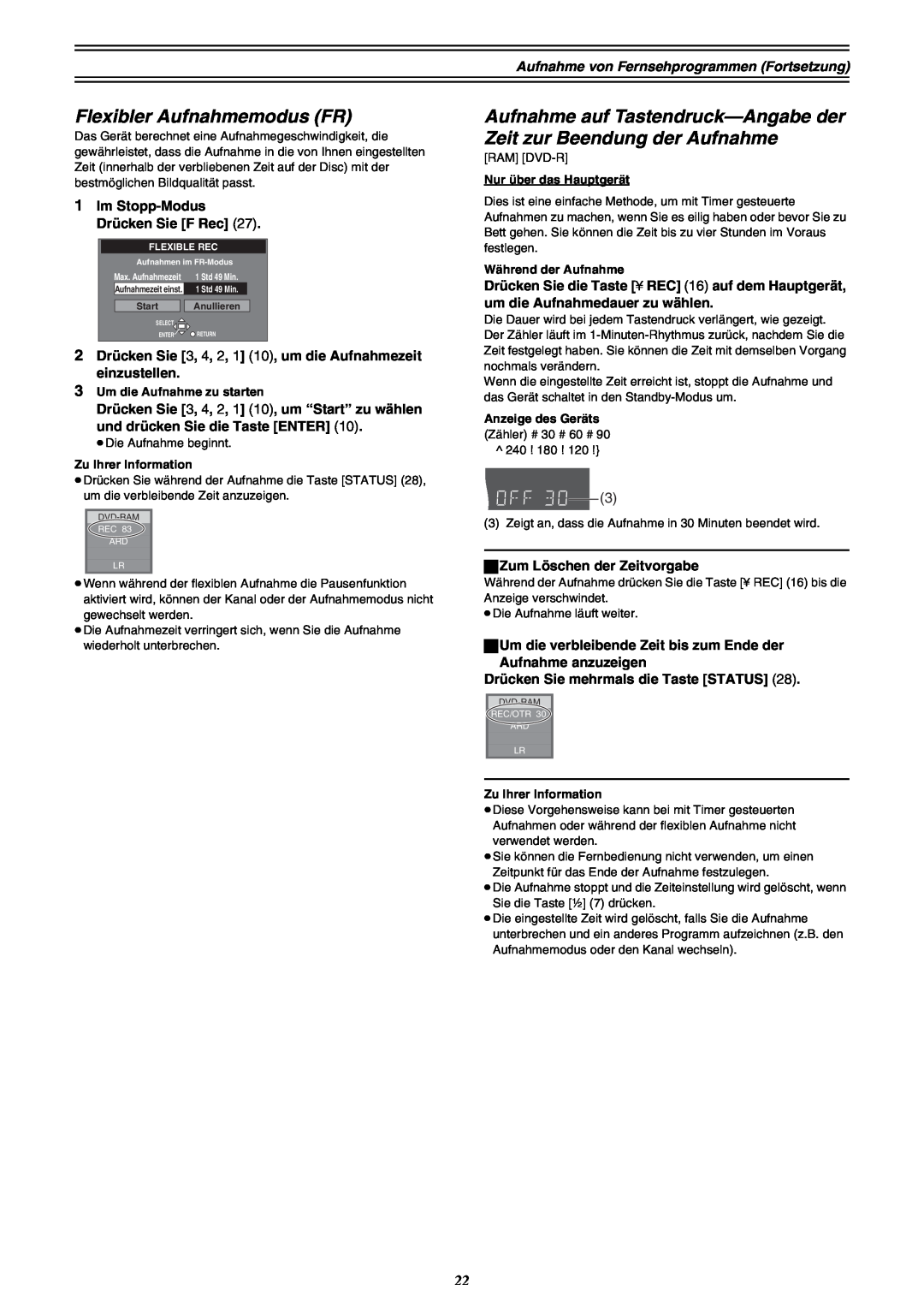 Panasonic DMR-E30 manual Flexibler Aufnahmemodus FR, Aufnahme auf Tastendruck-Angabe der Zeit zur Beendung der Aufnahme 