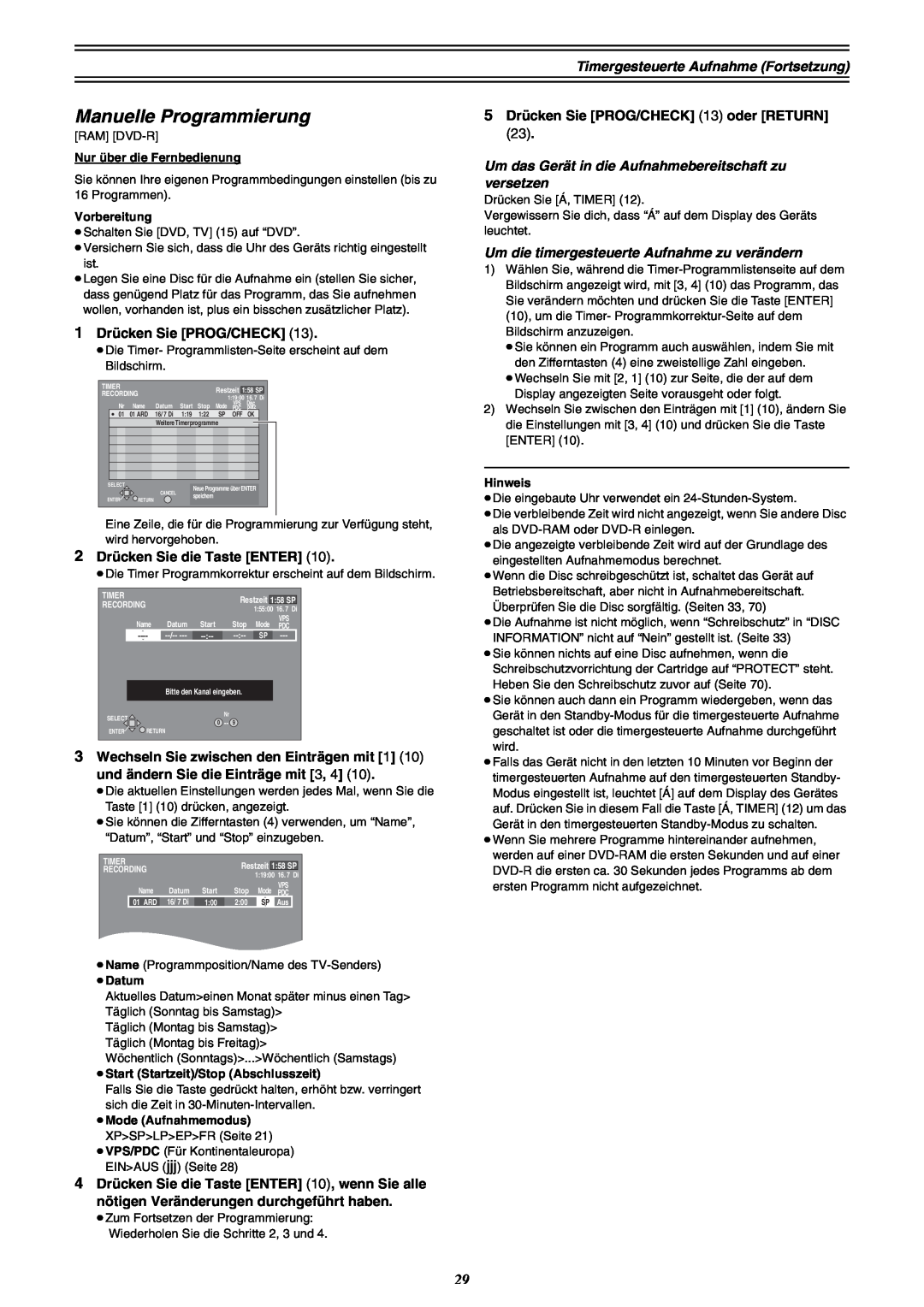 Panasonic DMR-E30 manual Manuelle Programmierung 