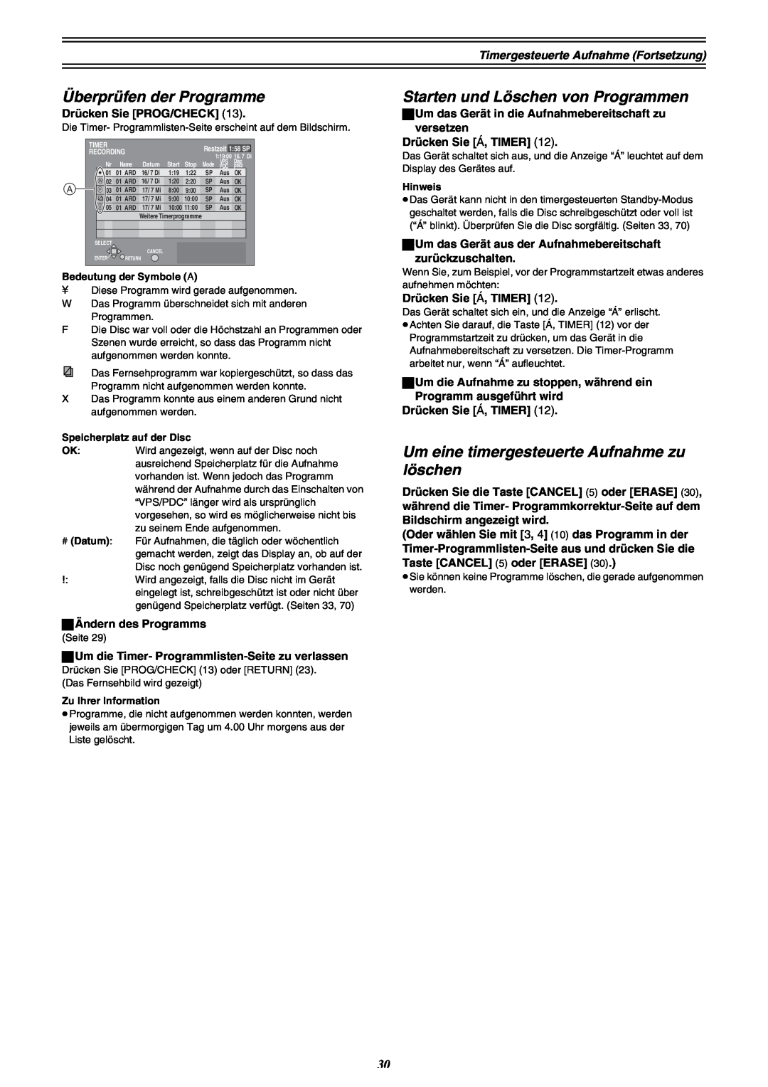 Panasonic DMR-E30 manual Überprüfen der Programme, Starten und Löschen von Programmen 