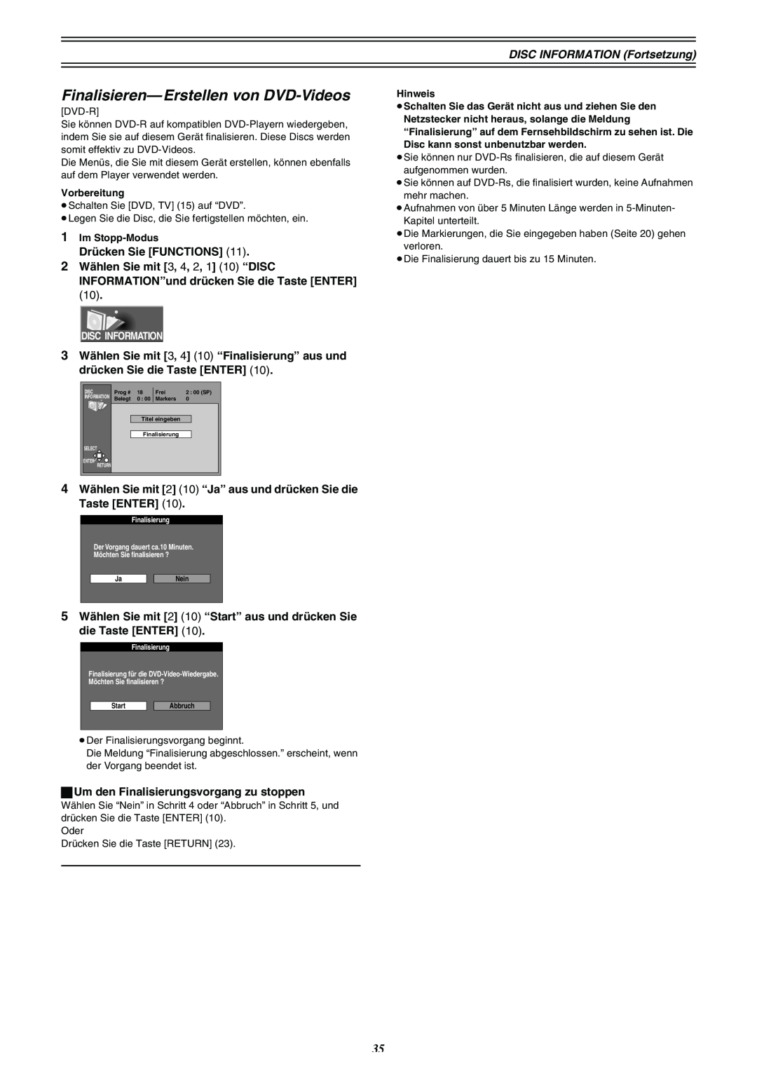 Panasonic DMR-E30 manual Finalisieren- Erstellen von DVD-Videos, Disc Information, Finalisierung 
