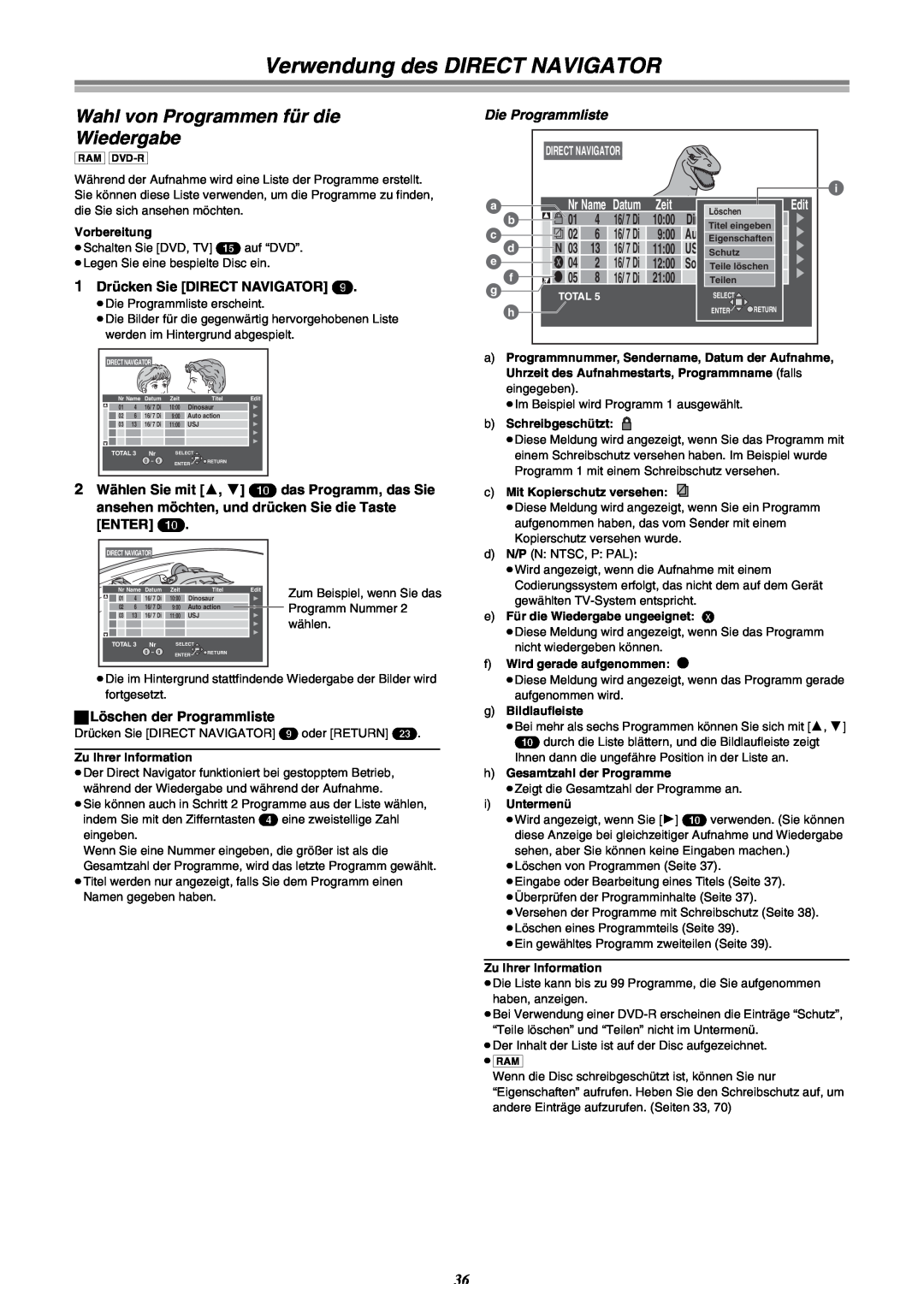 Panasonic DMR-E30 Verwendung des DIRECT NAVIGATOR, Wahl von Programmen für die Wiedergabe, Dinosaur, Zeit, Directnavigator 