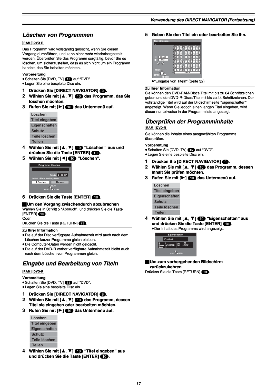 Panasonic DMR-E30 manual Löschen von Programmen, Eingabe und Bearbeitung von Titeln, Überprüfen der Programminhalte 