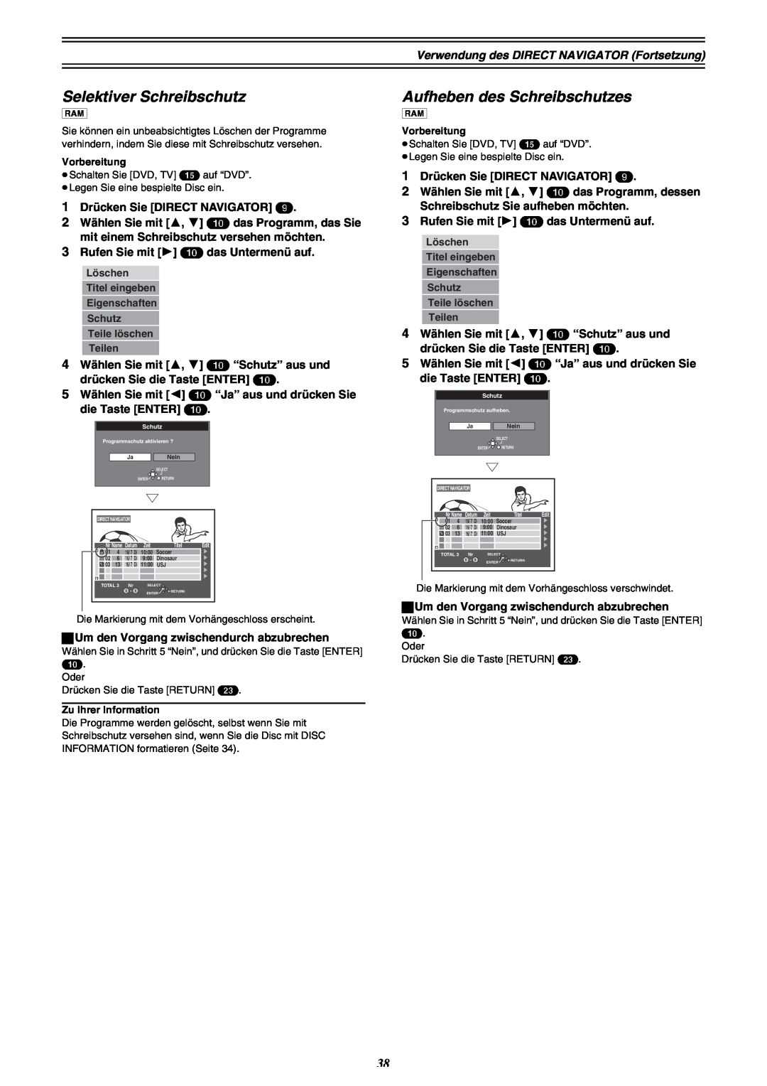 Panasonic DMR-E30 manual Selektiver Schreibschutz, Aufheben des Schreibschutzes 