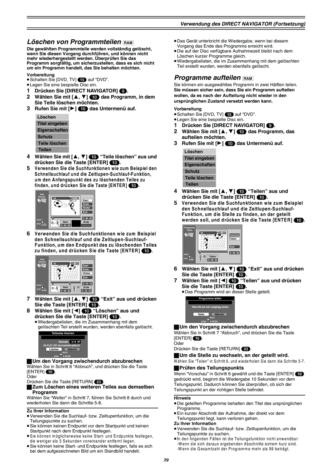Panasonic DMR-E30 manual Löschen von Programmteilen RAM, Programme aufteilen RAM, Löschen Abbruch, Teilen 