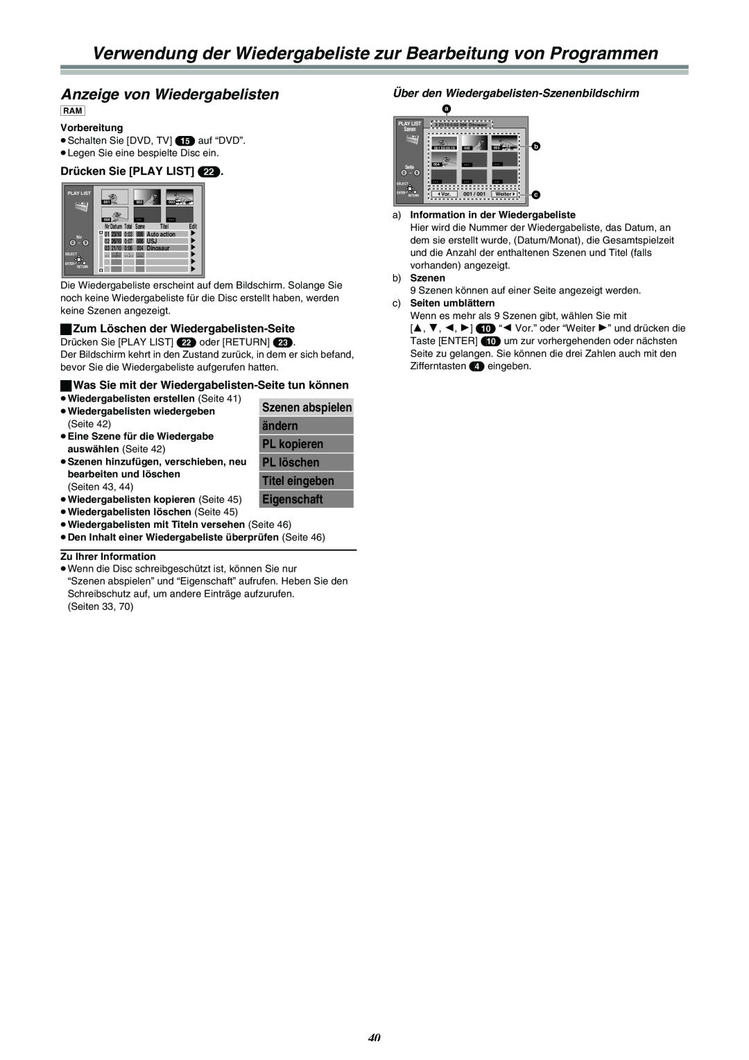 Panasonic DMR-E30 Verwendung der Wiedergabeliste zur Bearbeitung von Programmen, Anzeige von Wiedergabelisten, ändern 