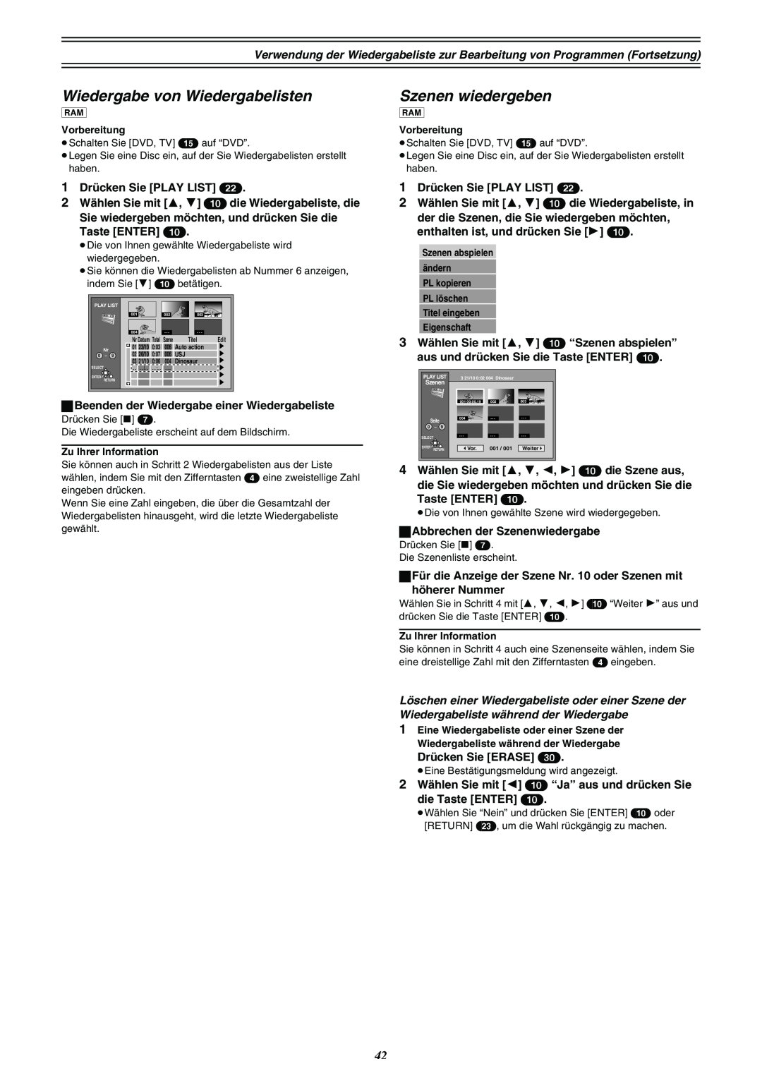 Panasonic DMR-E30 manual Wiedergabe von Wiedergabelisten, Szenen wiedergeben, Eigenschaft 