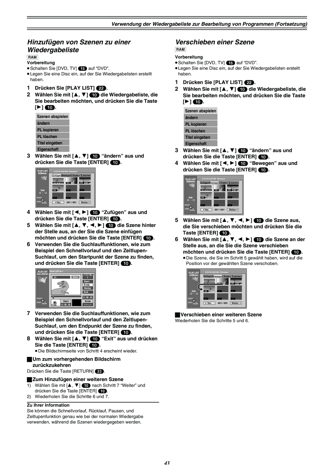 Panasonic DMR-E30 manual Hinzufügen von Szenen zu einer Wiedergabeliste, Verschieben einer Szene 