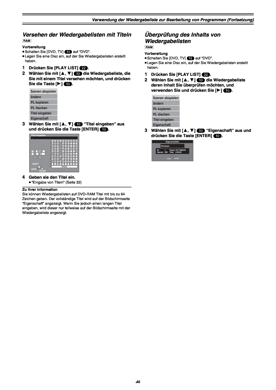 Panasonic DMR-E30 manual Versehen der Wiedergabelisten mit Titeln, Überprüfung des Inhalts von Wiedergabelisten 