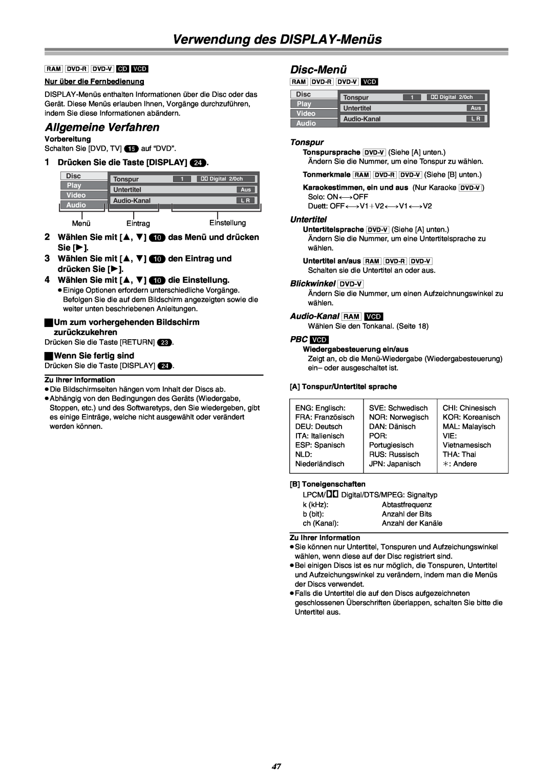 Panasonic DMR-E30 manual Verwendung des DISPLAY-Menüs, Allgemeine Verfahren, Disc-Menü 