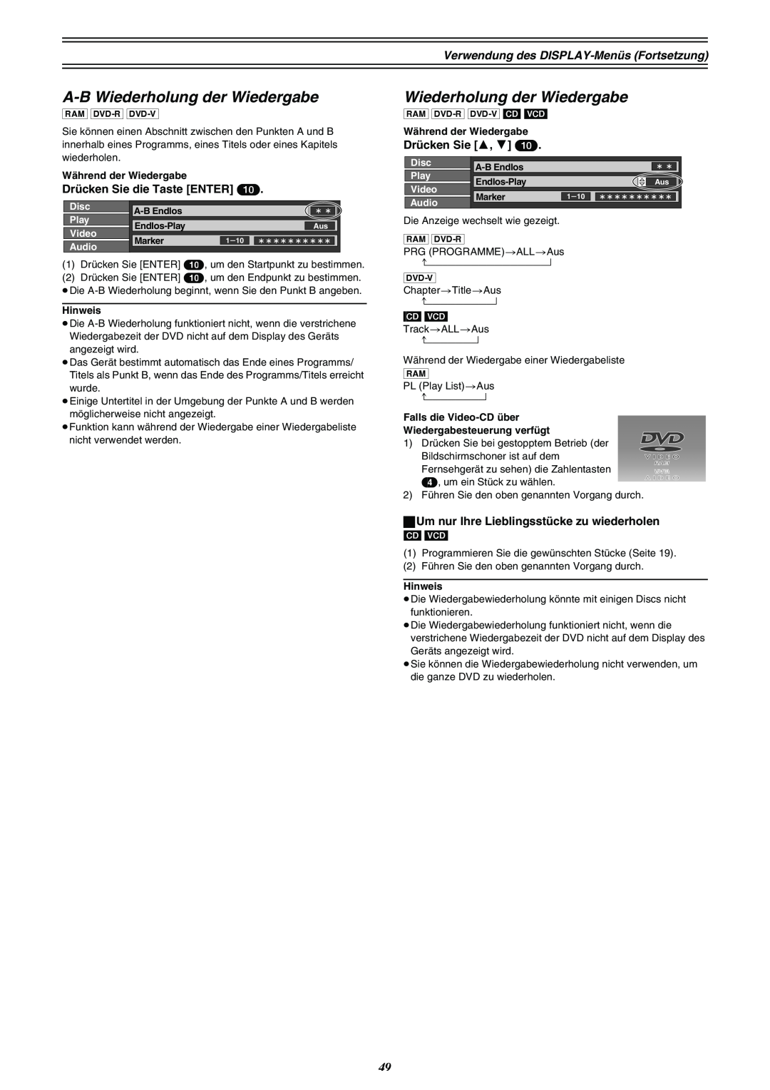 Panasonic DMR-E30 manual A-B Wiederholung der Wiedergabe, †††††††††† 