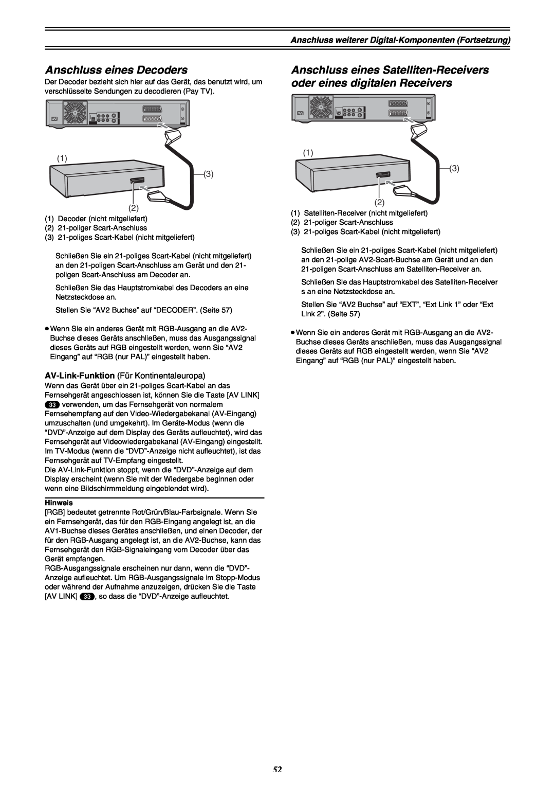 Panasonic DMR-E30 manual Anschluss eines Decoders, Anschluss eines Satelliten-Receivers oder eines digitalen Receivers 