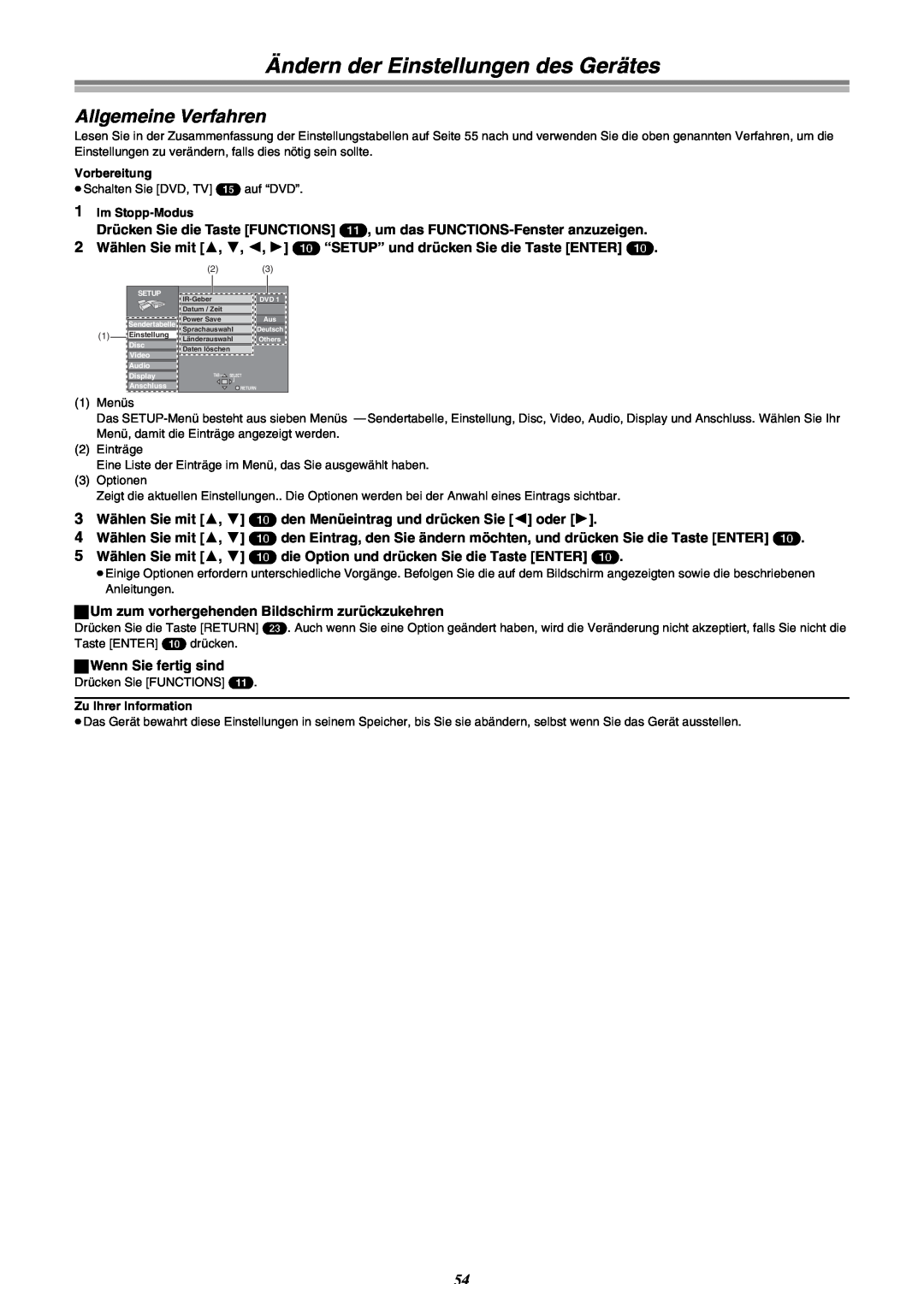 Panasonic DMR-E30 manual Ändern der Einstellungen des Gerätes, Allgemeine Verfahren, IR-Geber, Datum / Zeit, Power Save 