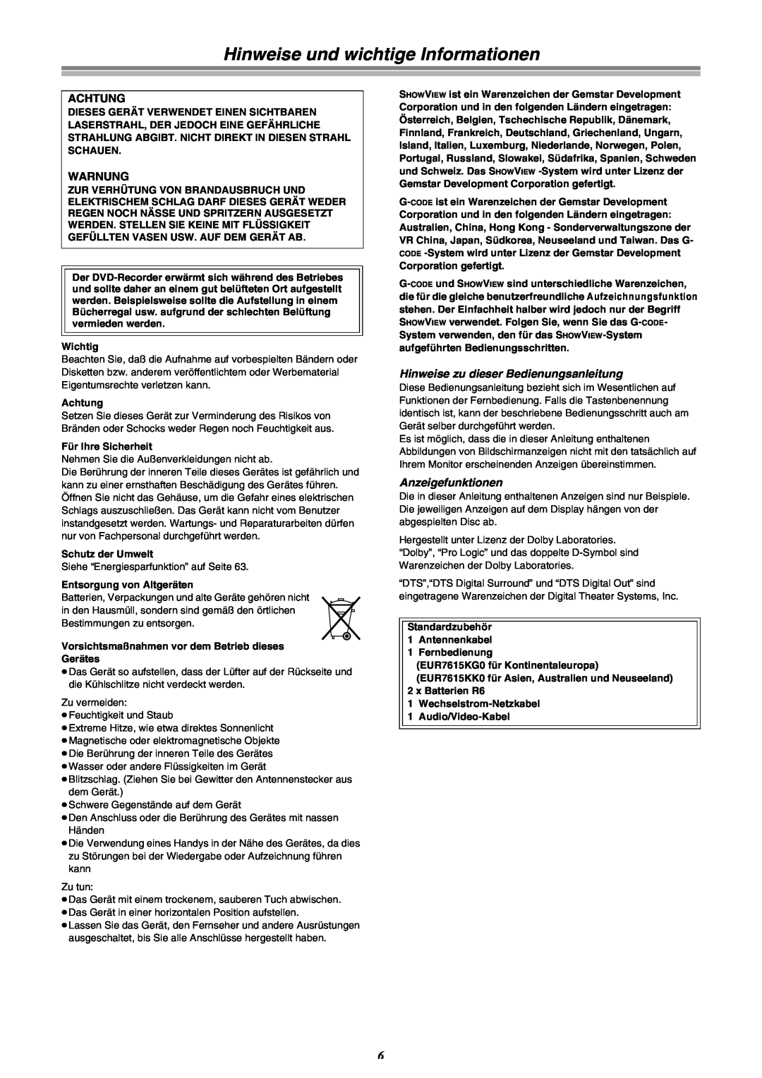 Panasonic DMR-E30 manual Hinweise und wichtige Informationen, Achtung, Warnung, Hinweise zu dieser Bedienungsanleitung 