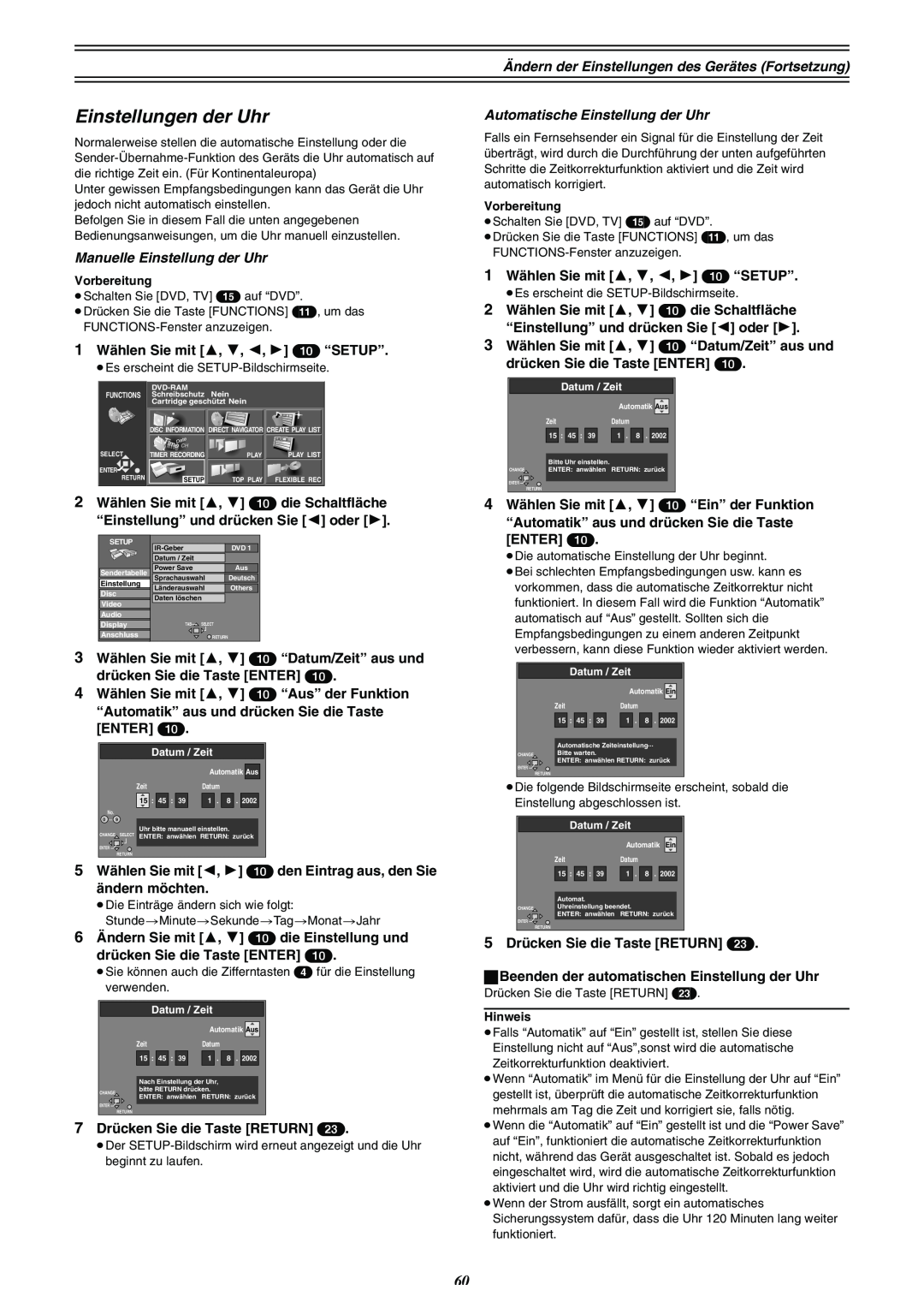 Panasonic DMR-E30 manual Einstellungen der Uhr 