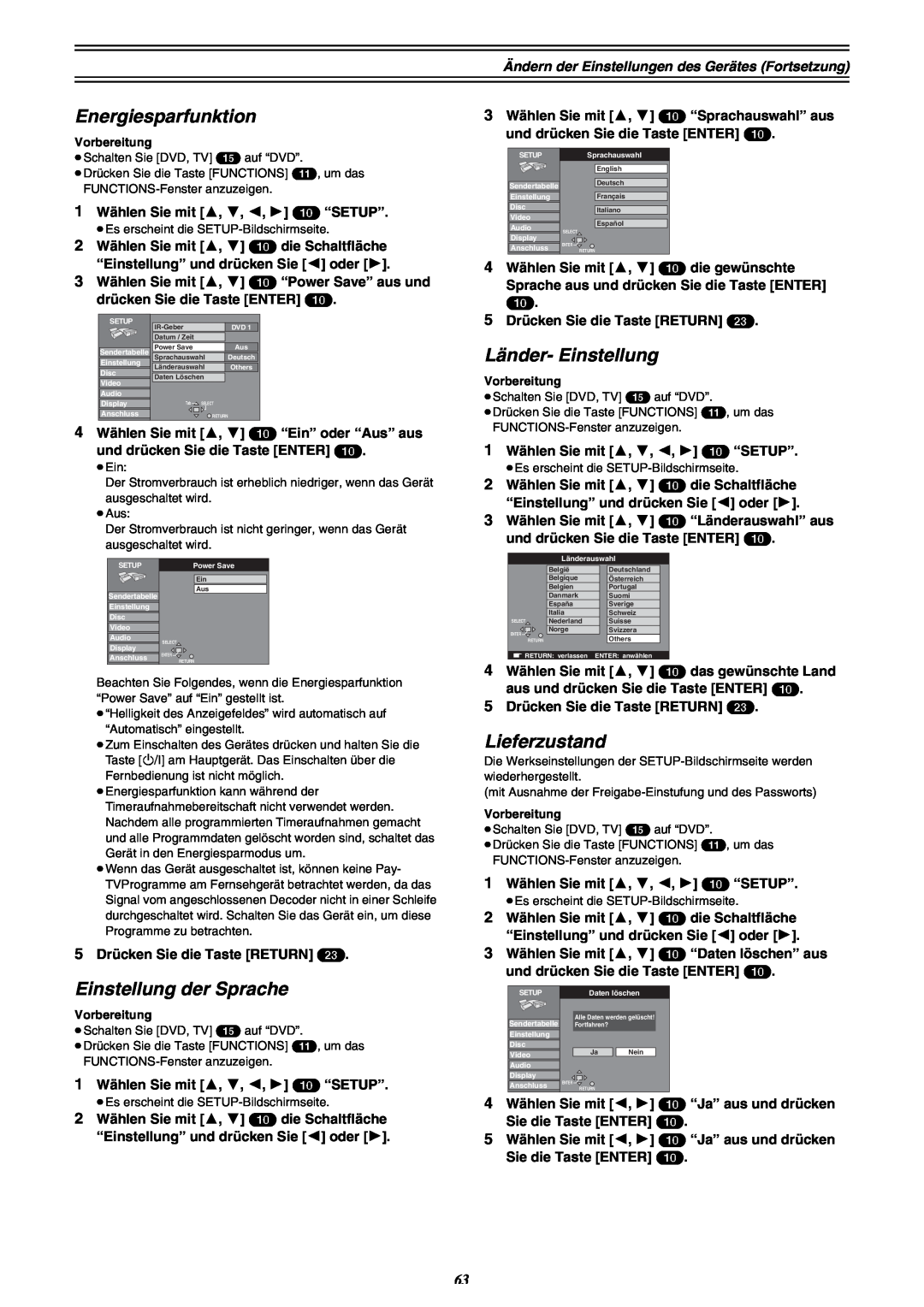 Panasonic DMR-E30 manual Energiesparfunktion, Einstellung der Sprache, Länder- Einstellung, Lieferzustand 