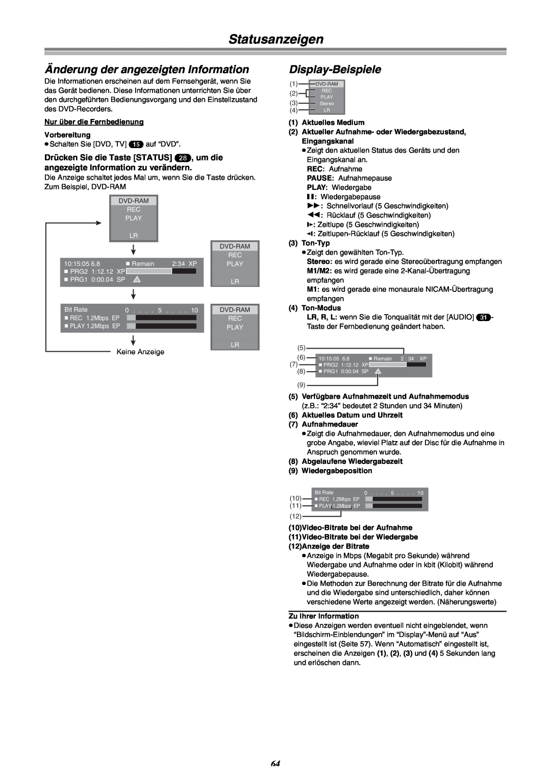 Panasonic DMR-E30 manual Statusanzeigen, Änderung der angezeigten Information, Display-Beispiele 