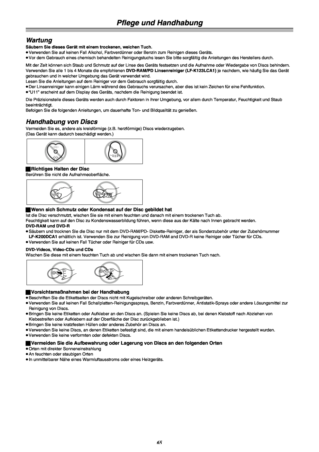 Panasonic DMR-E30 manual Pflege und Handhabung, Wartung, Handhabung von Discs 