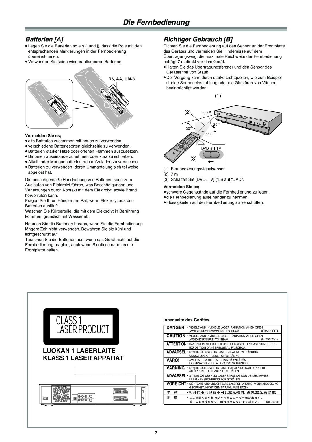 Panasonic DMR-E30 manual Batterien A, Richtiger Gebrauch B, Advarsel, Die Fernbedienung, FDA 21 CFR, IEC60825-1, Open/Close 