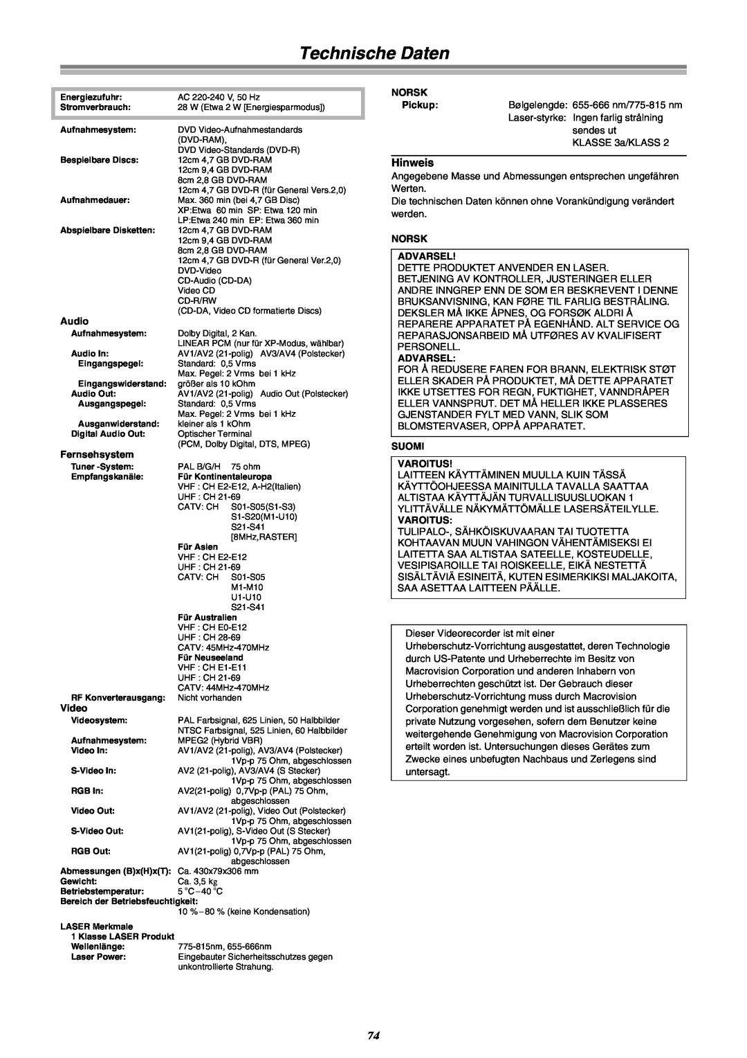 Panasonic DMR-E30 manual Technische Daten, Hinweis 